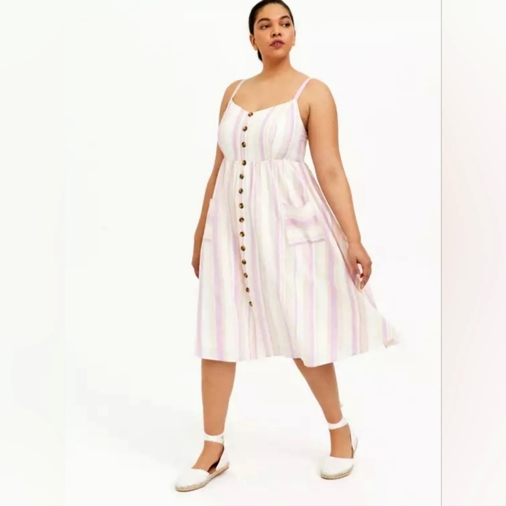 Torrid Womens Pink White Stripe Linen Blend Button Front Midi Dress - Size 2X